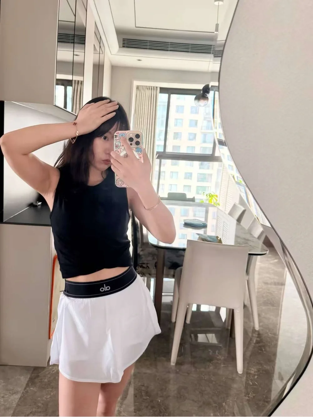 ALO Yoga White Mini Skirt with Black Logo Waistband